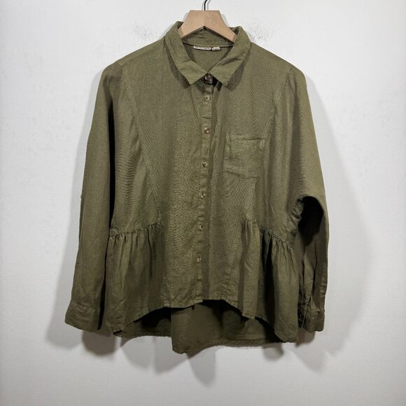 Anthropologie Holding Horses Olive Green Linen Western Boho Collared Top Size S - Picture 1 of 6